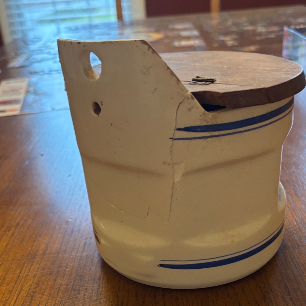 Vintage Ceramic Salt Box with Wooden Lid - Picture 3 of 9